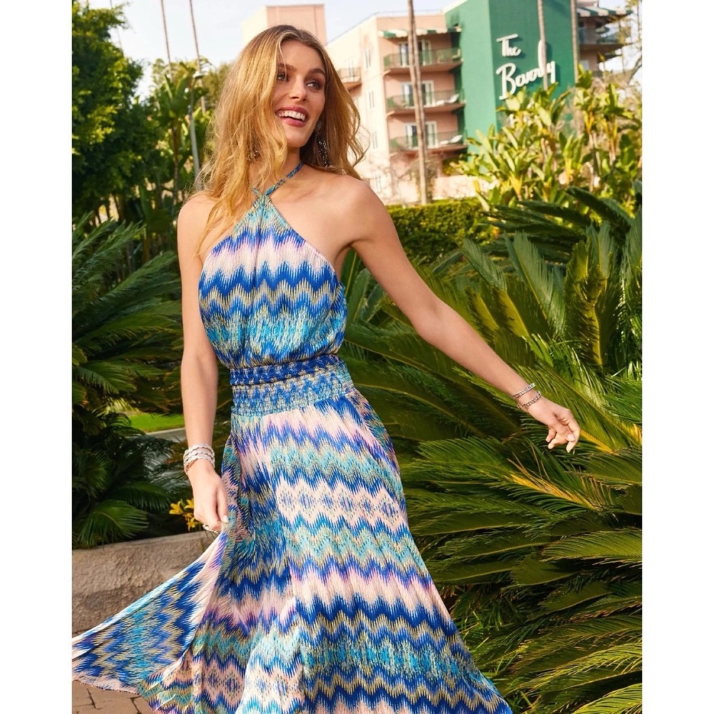 Blue and White Halter Maxi Dress